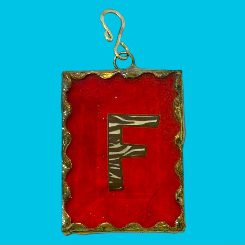 “F” Large Glass Pendant 2 Sided Red Leopard
